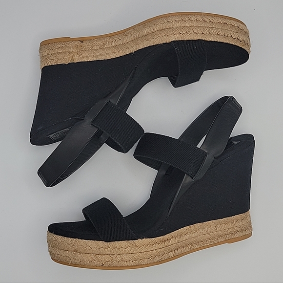 TORY BURCH Wedge Sandal Espadrille Slingback 2 Band Canvas & Leather Black US 10 - Picture 10 of 13